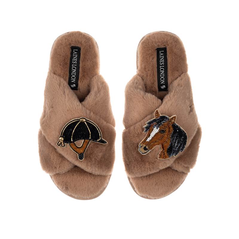 Thumbnail of Classic Laines Slippers With Riding Hat & Horse Brooches - Toffee image