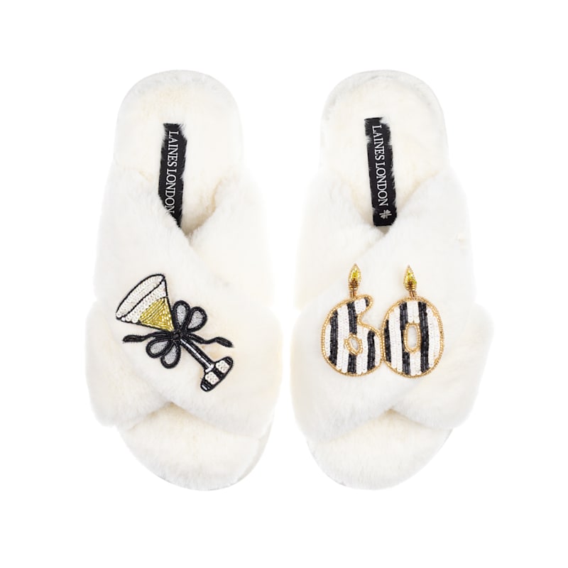 Thumbnail of Classic Laines Slippers With Stripe 60Th Birthday & Glass Of Champagne Brooches - Cream image