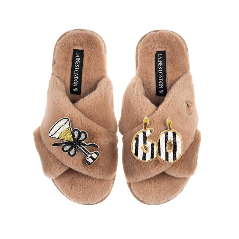 Thumbnail of Classic Laines Slippers With Stripe 60Th Birthday & Glass Of Champagne Brooches - Toffee image