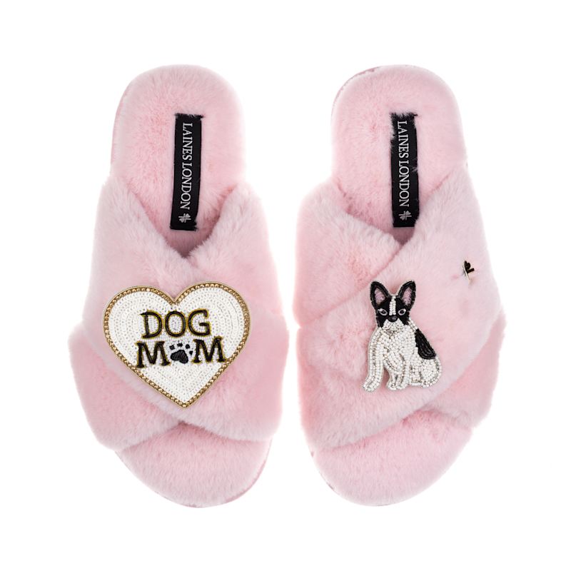 Thumbnail of Classic Slippers With Dog Mum/Mom & Black/White Sitting French Bulldog Brooches - Pink image