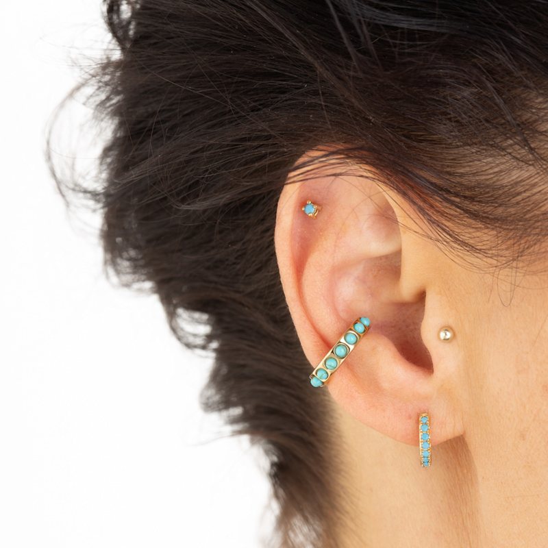 Thumbnail of Gold Turquoise Stone Huggie & Tiny Stud Set Of Earrings image