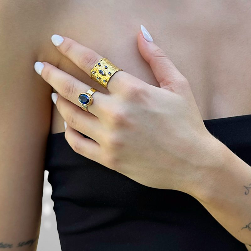 Thumbnail of Cleopatra Blue Sapphire Gemstone Gold Adjustable Ring - Blue image