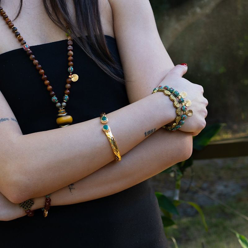 Thumbnail of Cleopatra Emerald Stone & Gold Cuff Chunky Bracelet - Gold image