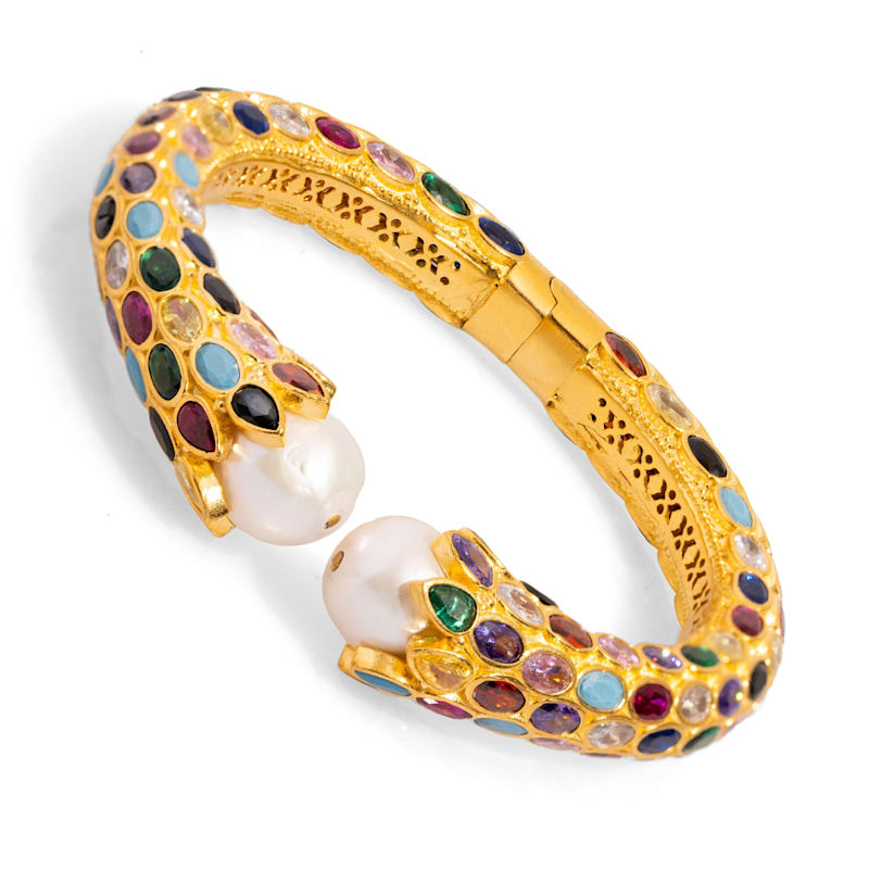Thumbnail of Cleopatra Multi Gemstone & Pearl Gold Chunky Cuff Bracelet - Multicolor image