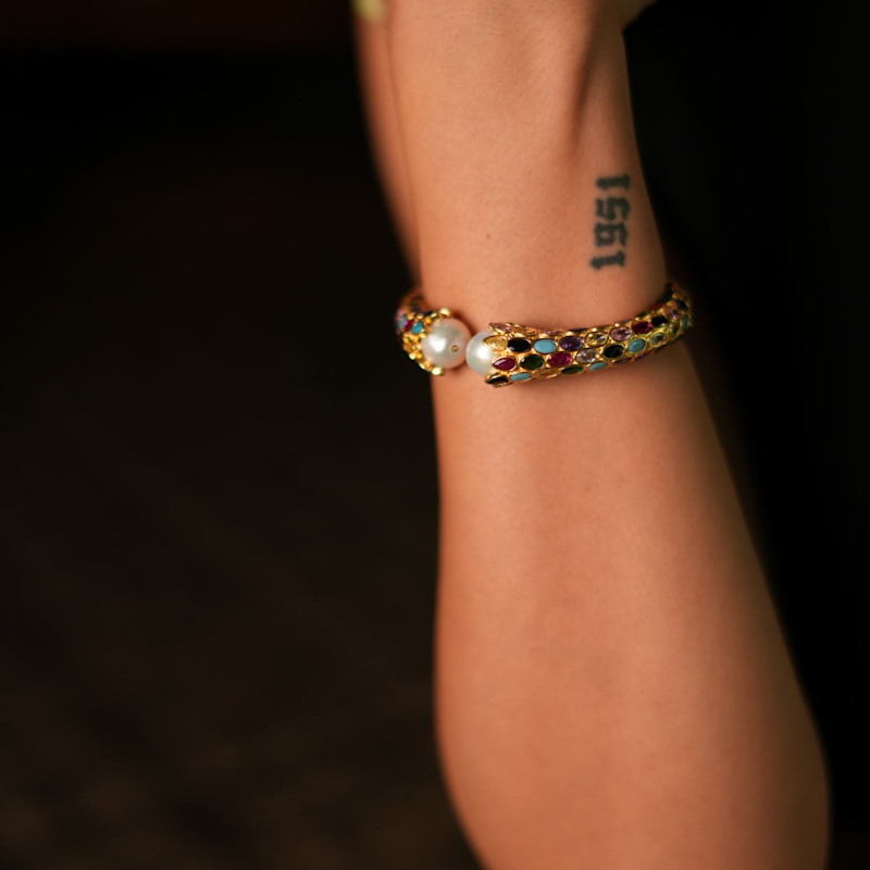 Thumbnail of Cleopatra Multi Gemstone & Pearl Gold Chunky Cuff Bracelet - Multicolor image