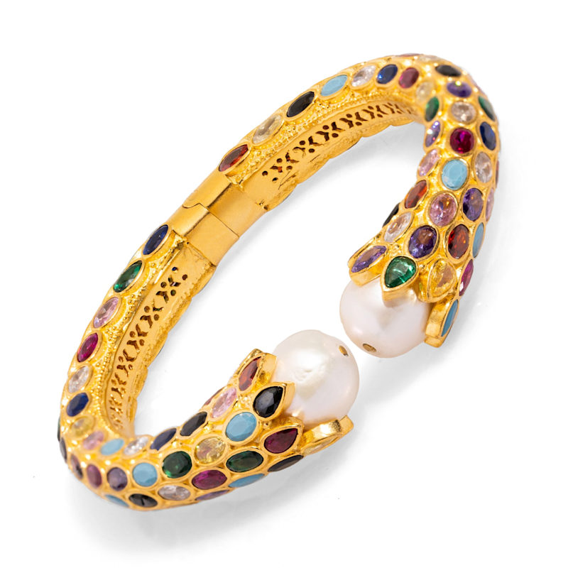 Thumbnail of Cleopatra Multi Gemstone & Pearl Gold Chunky Cuff Bracelet - Multicolor image