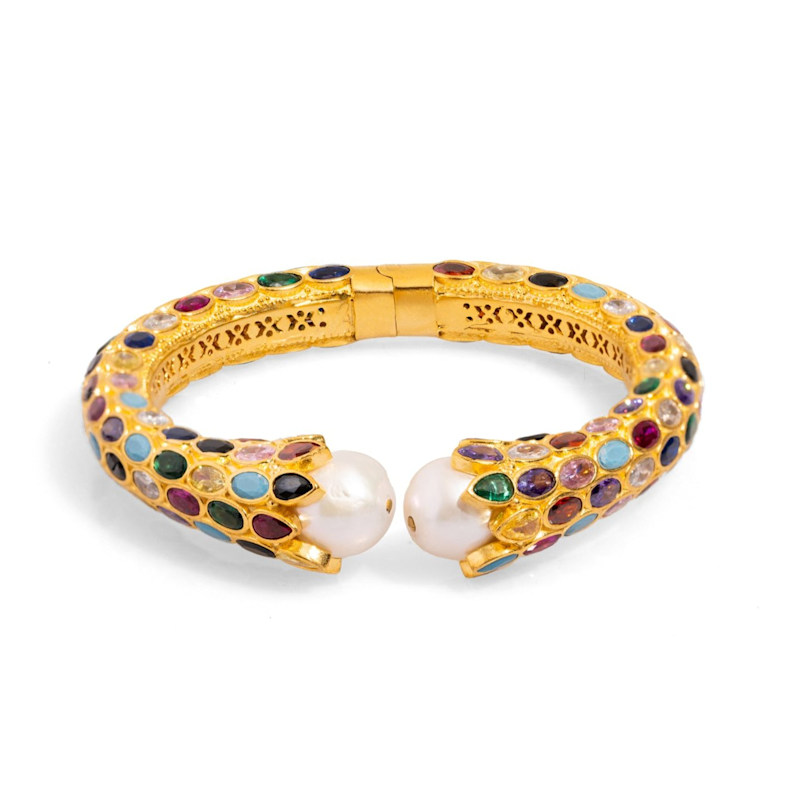 Thumbnail of Cleopatra Multi Gemstone & Pearl Gold Chunky Cuff Bracelet - Multicolor image