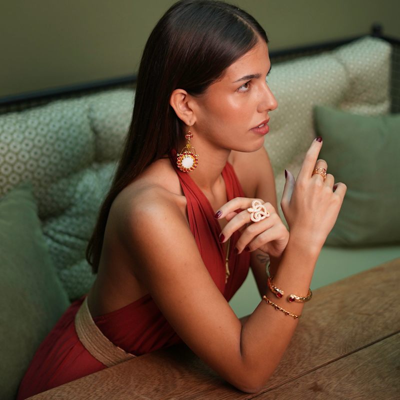 Thumbnail of Cleopatra Ruby Stone & Gold Cuff Chunky Bracelet - Gold image