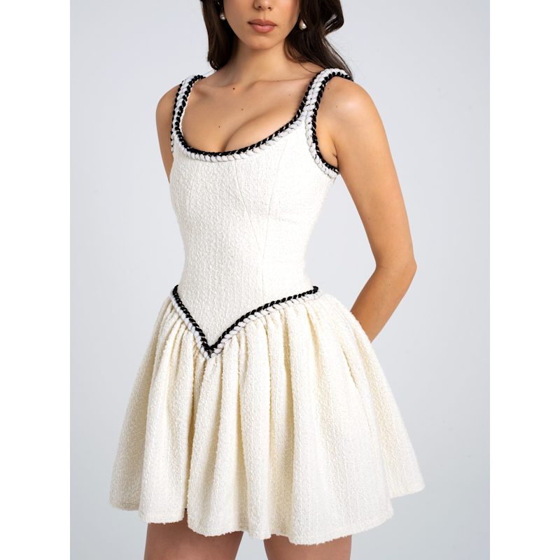 Thumbnail of Coco White Boucle Tweed V Drop Waist Mini Dress image
