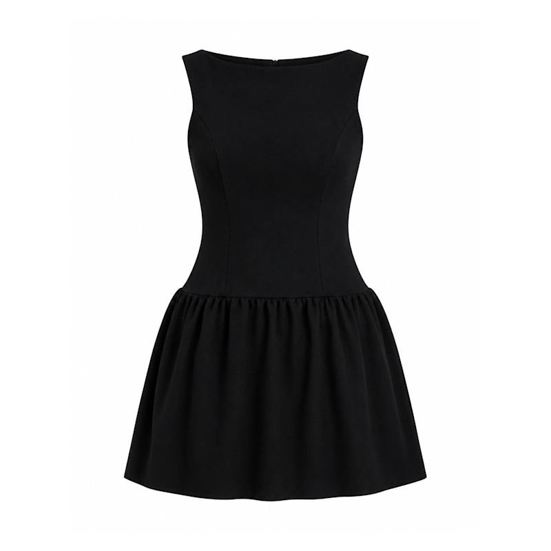 black boat neck mini dress Women's Black Woven Boat Neck Backless Detail Mini Dress
