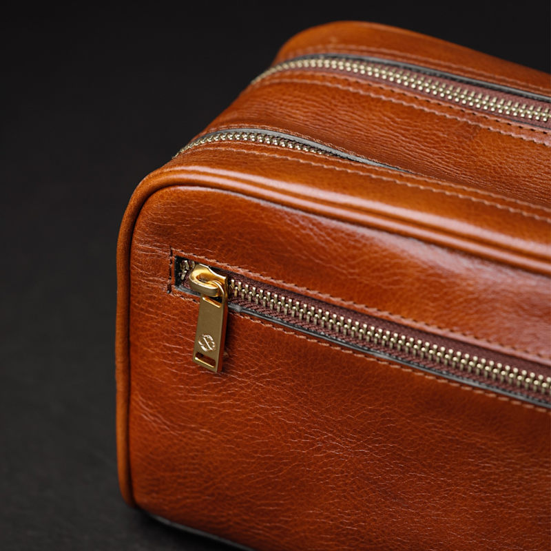 Thumbnail of Cognac Brown Leather Cosmetic Bag Dopp Kit - All The Kings Men image
