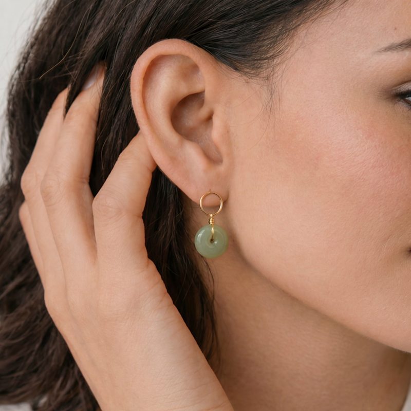 Thumbnail of Coin Green Jade Hollow Earrings image