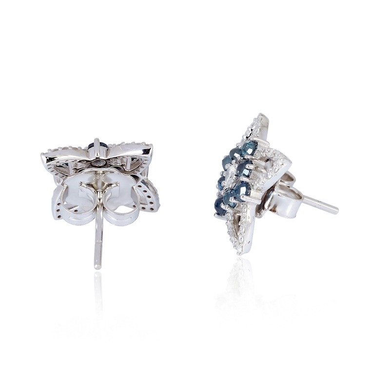 m⭐︎Floral Motif Short Earring - white 18K White Gold Blue Diamond & Diamond Floral Stud Earrings