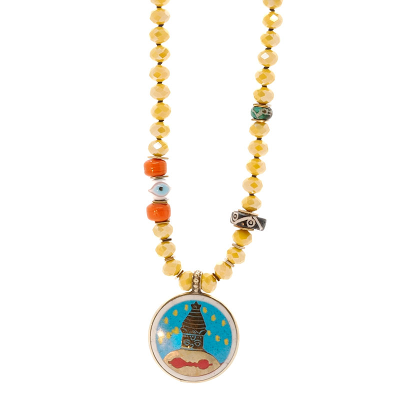 Thumbnail of Colorful Nepal Mantra Pendant Yellow Beaded Long Necklace - Yellow image