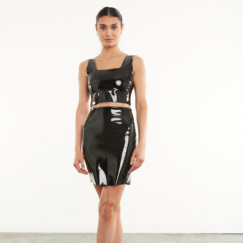Thumbnail of Commando Faux Patent Leather Control Smoothing Mini Skirt, Black SK09 image