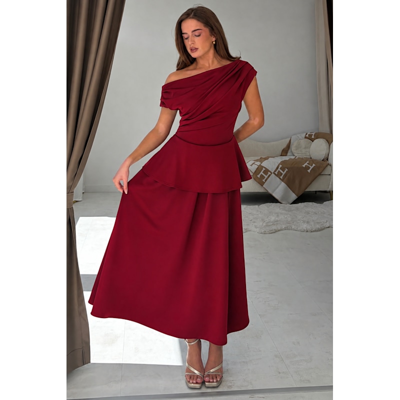 Connie Peplum Midi Dress Burgundy by Girl In Mind