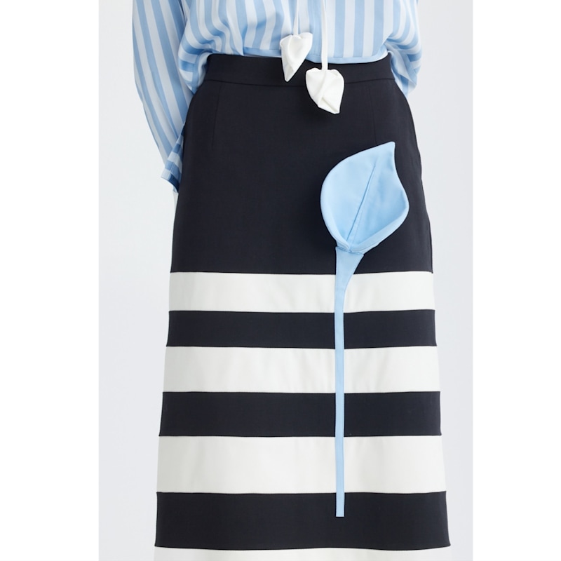 Thumbnail of Contemporary Striped A-Line Skirt, Floral Detail– Black-White image