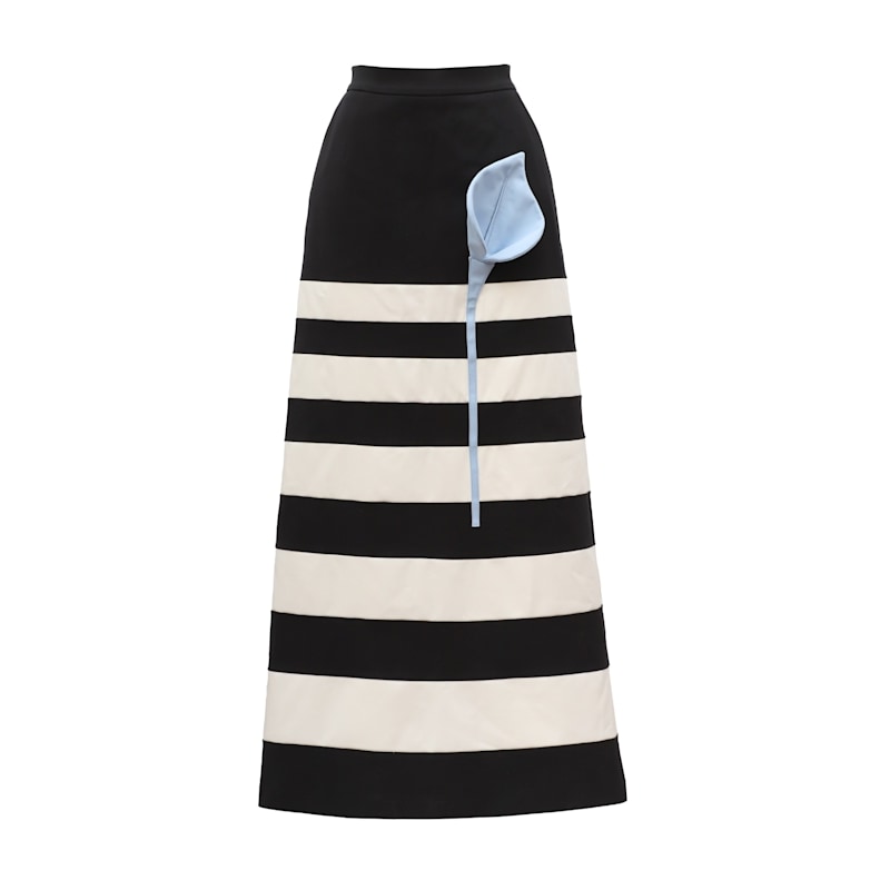 Thumbnail of Contemporary Striped A-Line Skirt, Floral Detail– Black-White image