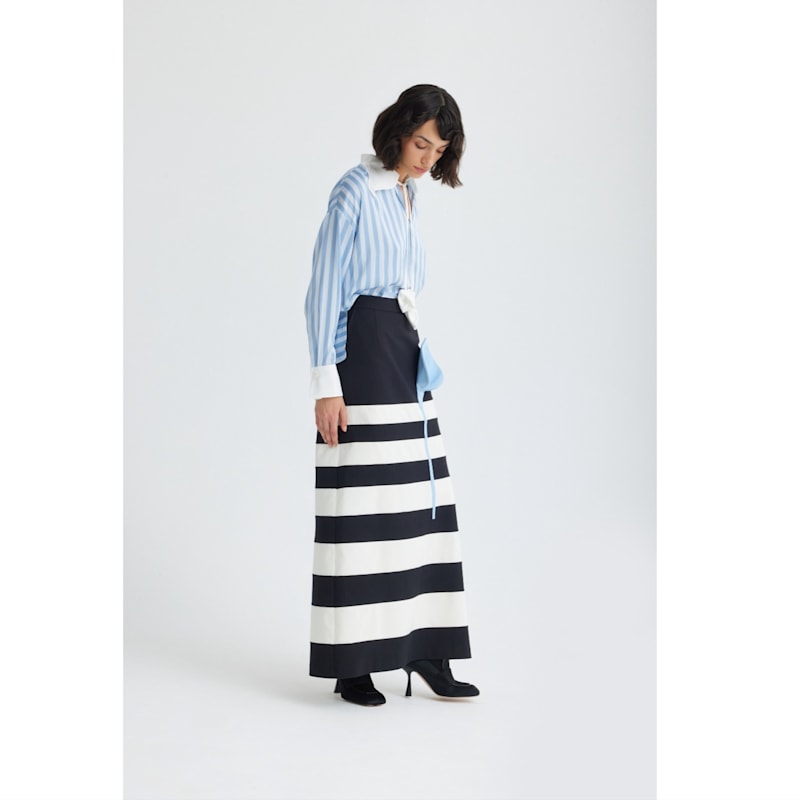 Thumbnail of Contemporary Striped A-Line Skirt, Floral Detail– Black-White image