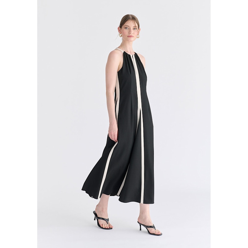 Thumbnail of Contrast Details Halterneck Midi Dress In Black And Beige image