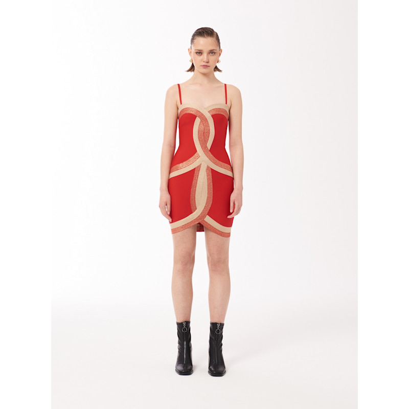 Contrast Panel Bandage Mini Dress In Red Gold by SOUR FIGS
