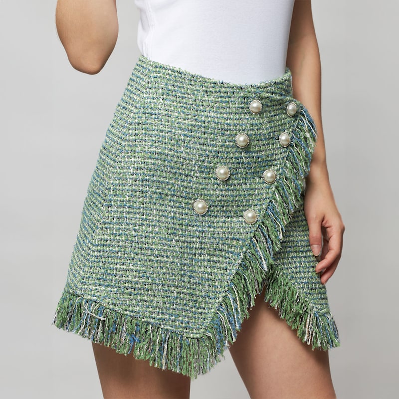 Cora Asymmetrical Tweed Bouclé Mini Skirt - Green | Solgo Atelier