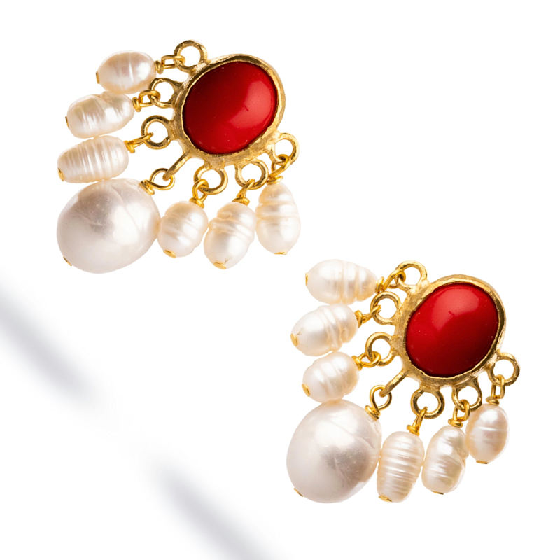 Thumbnail of Coral Blossom Pearl Cluster Drop Earrings - Red image