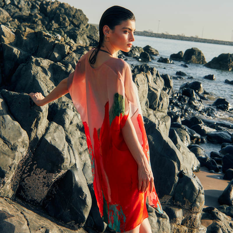 Coral Mirage Floral Sheer Short Kaftan Dress - Red & Multicolor Beach Cover  Up | DHARA SHETH, DUBAI | Wolf & Badger