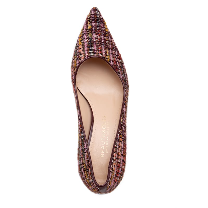 Thumbnail of Corina Burgundy Leather Block Heel Pump With Linen For Day & Night Wear image