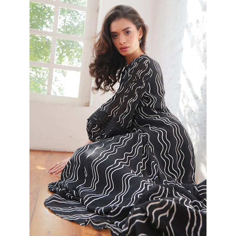 Thumbnail of Corinne Black & White Waves Print Lace Trim Maxi Dress image