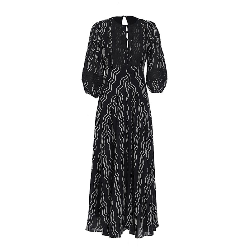 Thumbnail of Corinne Black & White Waves Print Lace Trim Maxi Dress image