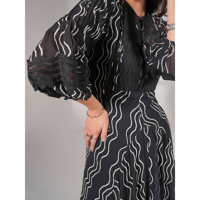 Thumbnail of Corinne Black & White Waves Print Lace Trim Maxi Dress image