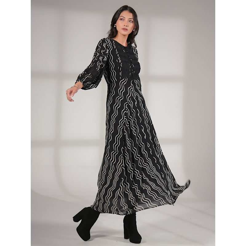 Thumbnail of Corinne Black & White Waves Print Lace Trim Maxi Dress image
