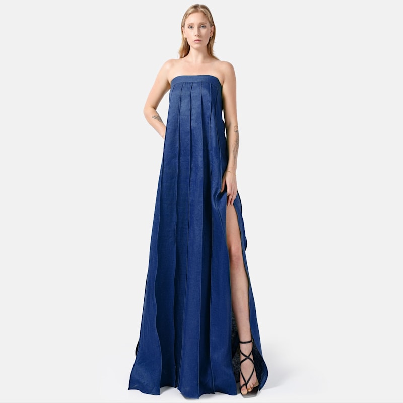 Cornflower Blue Linen Maxi Dress  Designer Strapless Gown With Pleated  Detail | Kargede | Wolf & Badger
