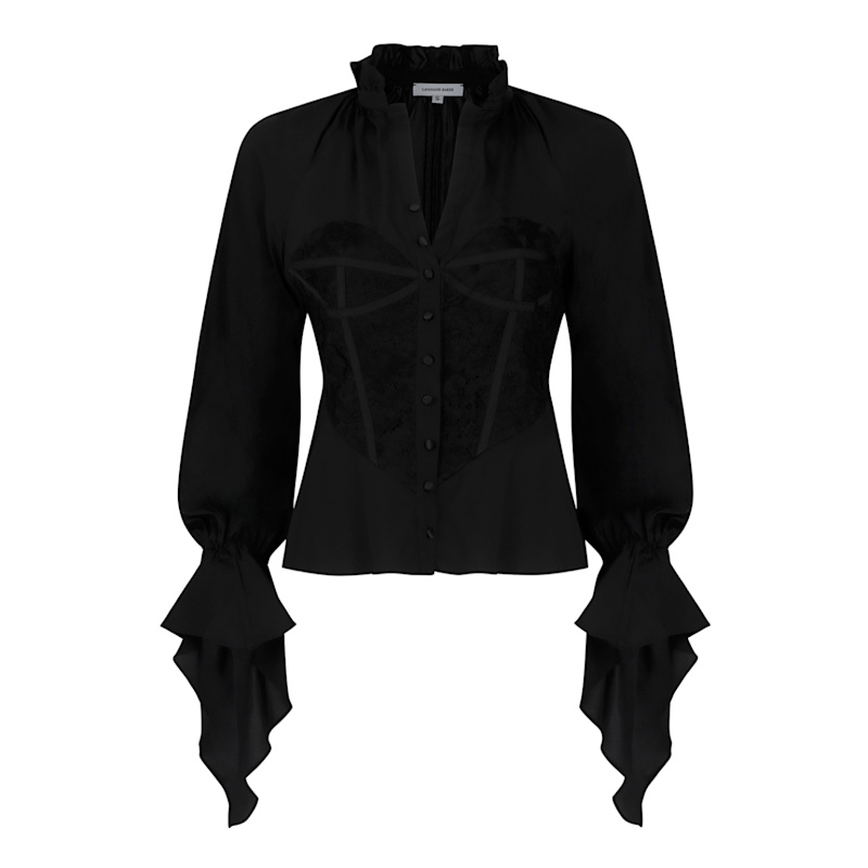 Thumbnail of Corset Button Down Raglan Long Sleeve Blouse image