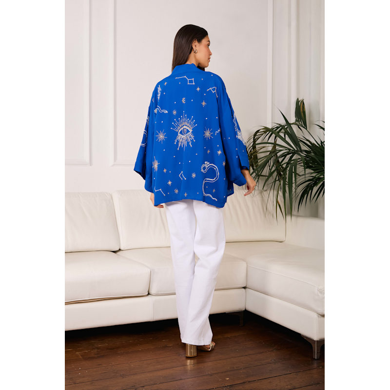 Cosmos Embroidered Electric Blue, Ivory & Gold Fully Lined Short
