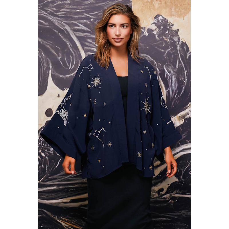 Cosmos Embroidered Navy, Ivory & Gold Fully Lined Short Kimono
