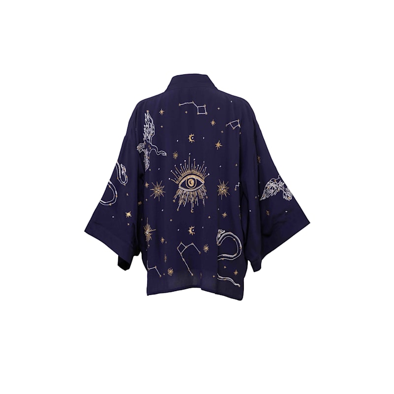 Cosmos Embroidered Navy, Ivory & Gold Fully Lined Short Kimono