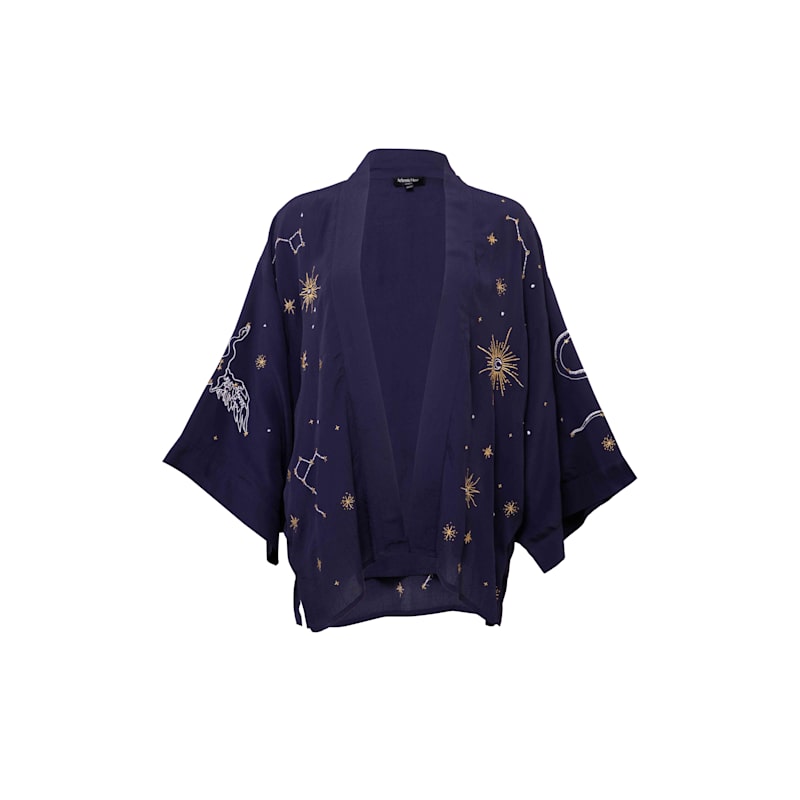 Cosmos Embroidered Navy, Ivory & Gold Fully Lined Short Kimono