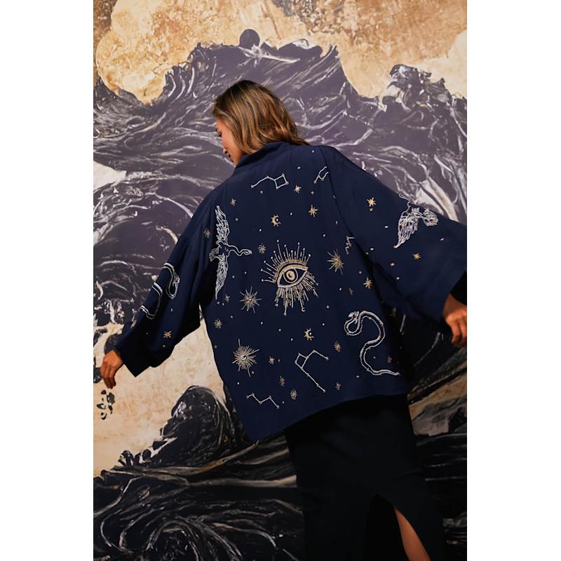 Cosmos Embroidered Navy, Ivory & Gold Fully Lined Short Kimono