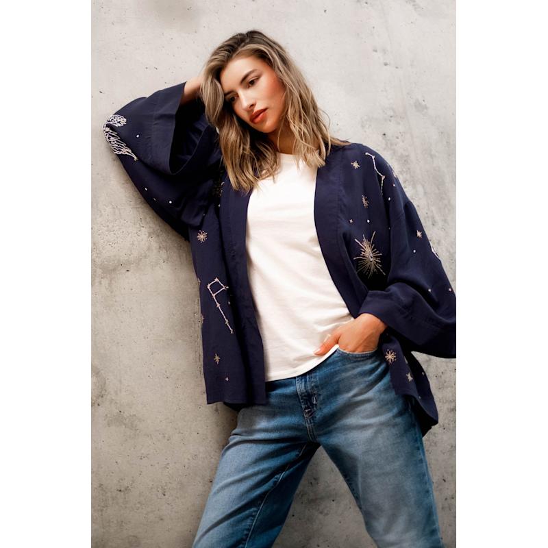 Cosmos Embroidered Navy, Ivory & Gold Fully Lined Short Kimono