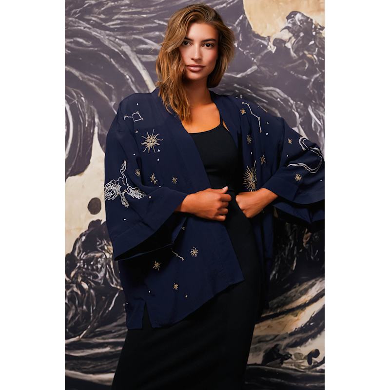 Thumbnail of Cosmos Embroidered Navy, Ivory & Gold Fully Lined Short Kimono image