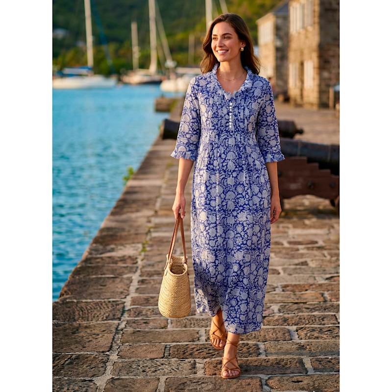 Thumbnail of Cotton Annabel Maxi Dress In Blue With  White Flower image