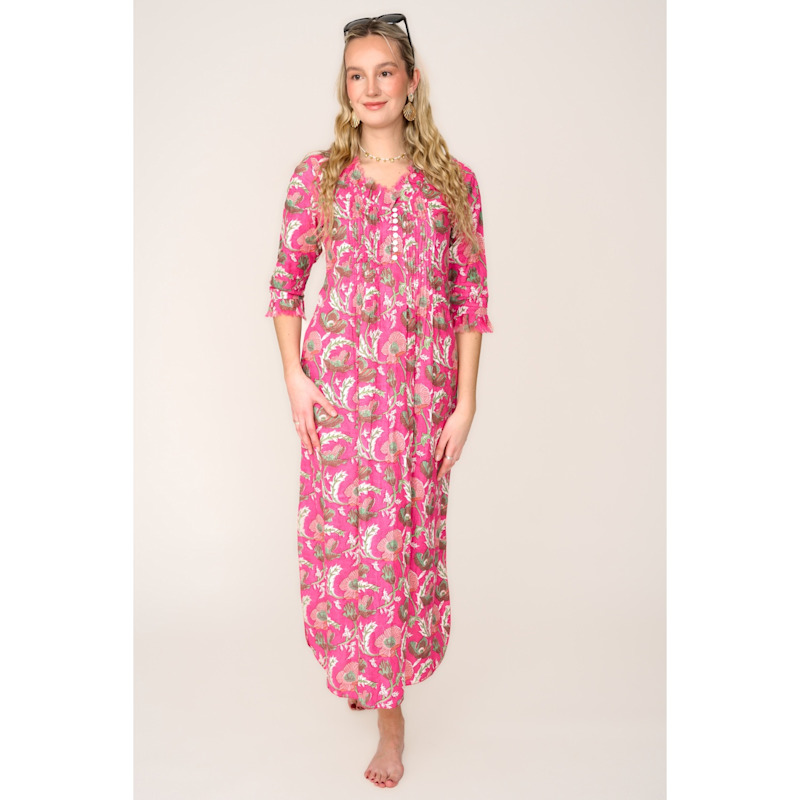 Cotton Annabel Maxi Dress In Pink & Green Flower by At Last...