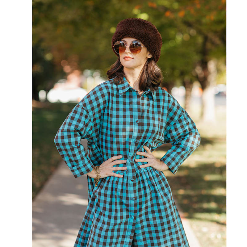 Zenzee Cotton Linen Gingham Shirt Dress - Brown/green