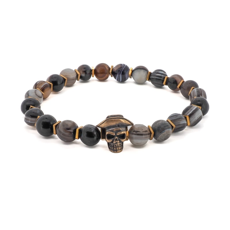 Thumbnail of Cowboy Hat Skull Agate Beaded Bracelet - Grey image