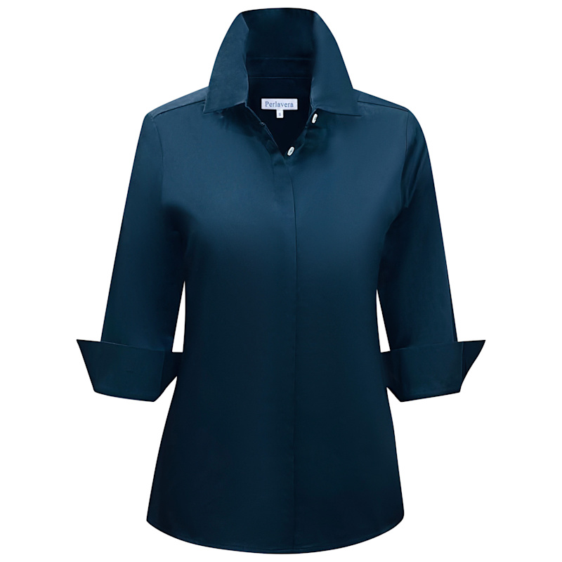 Thumbnail of Cox Black Solid Cotton Satin Three Quarter Sleeve Length Slim Fit Shirt image