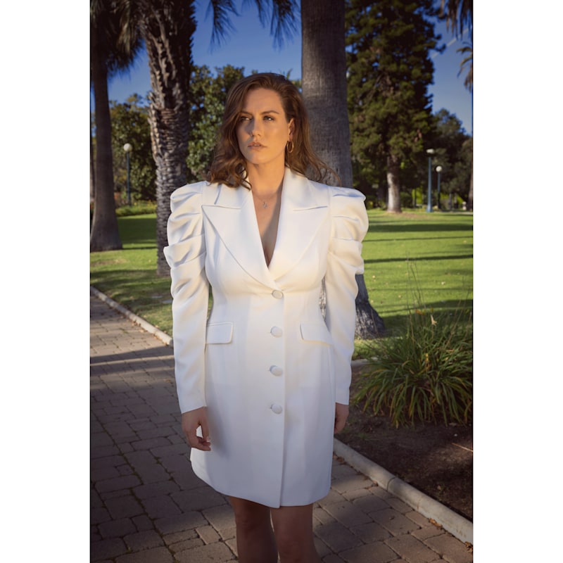 Thumbnail of Draped Sleeved Tailored Blazer Dress - White image