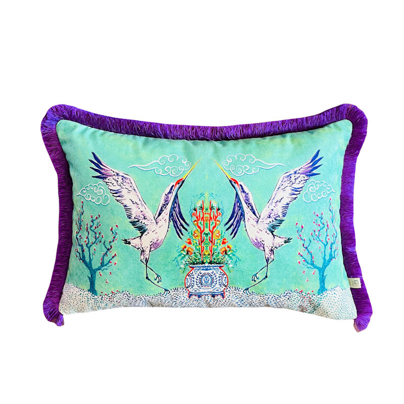 Thumbnail of Crane Pattern Throw Pillow Cover – Feng Shui Symbol  Cushion With Purple Tassels image