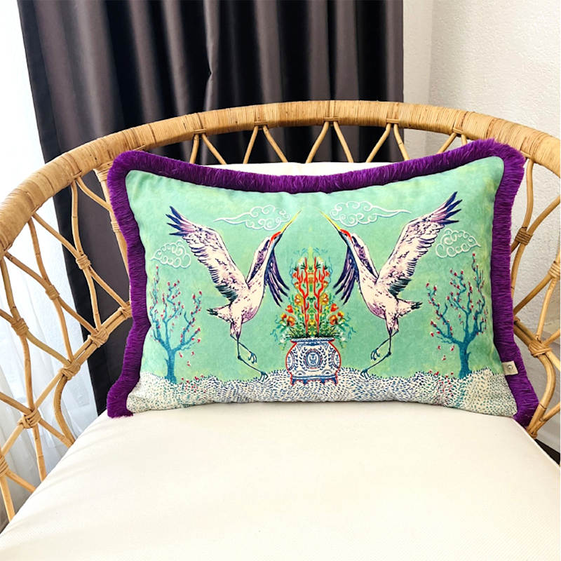 Thumbnail of Crane Pattern Throw Pillow Cover – Feng Shui Symbol  Cushion With Purple Tassels image